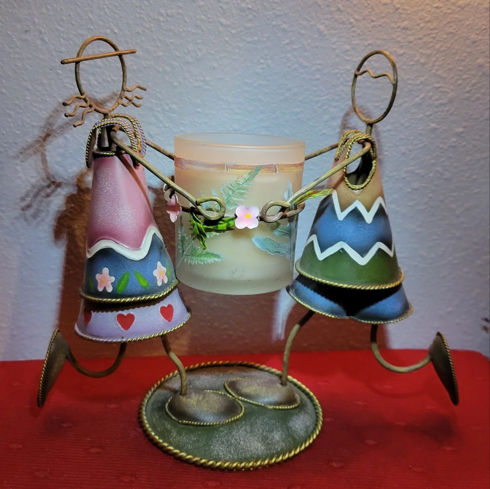 Vtg Candle Holder Metal Art Hand Painted Cone Shaped Man Woman Flowers Hearts